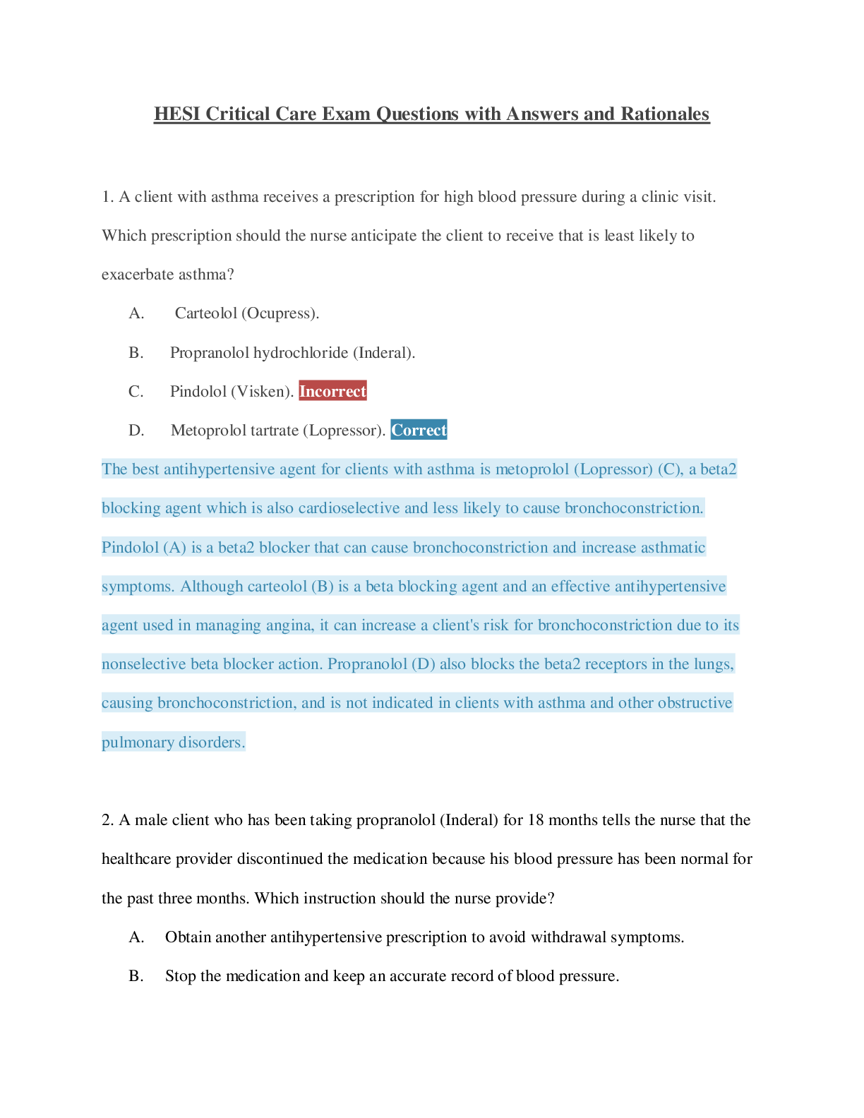 Preview of HESI Critical Care Exam Questions with Answers and Rationales